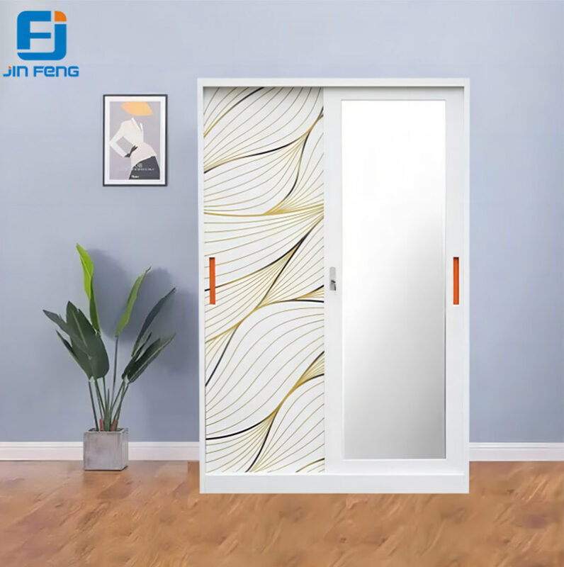 Modern Printing Sliding Door Lemari Steel Wardrobe(1)